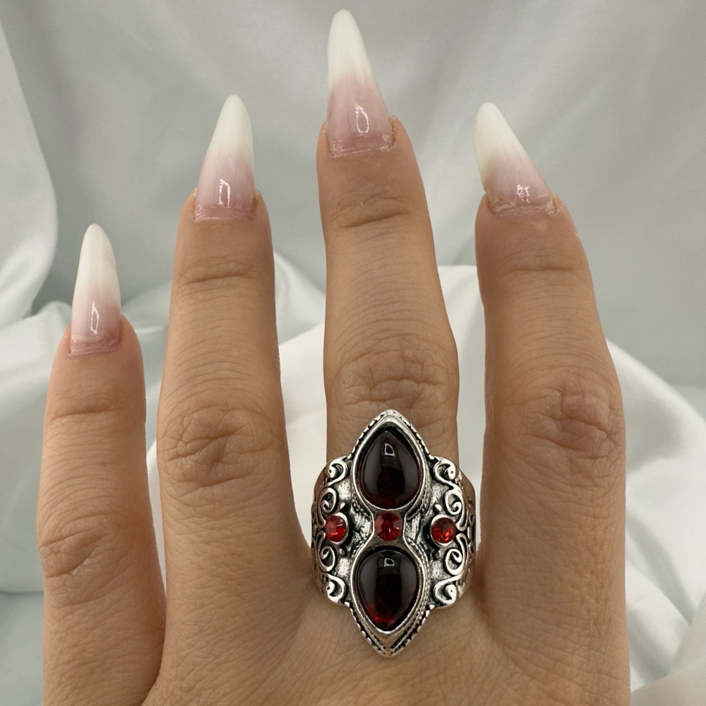 Vintage Silver Ring with Deep Red Accents